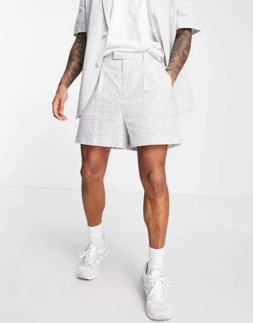 ASOS DESIGN - Pantaloncini con fondo ampio in misto lino écru a righe