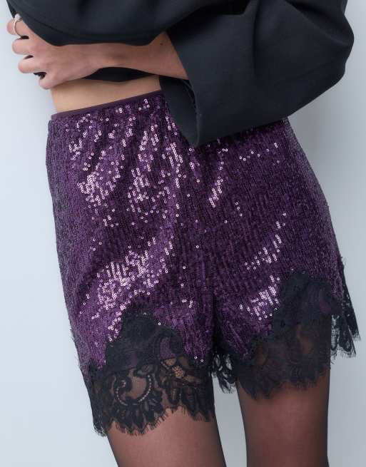 ASOS DESIGN pantaloncini con paillettes e rifinitura in pizzo nero viola, 3 di 5