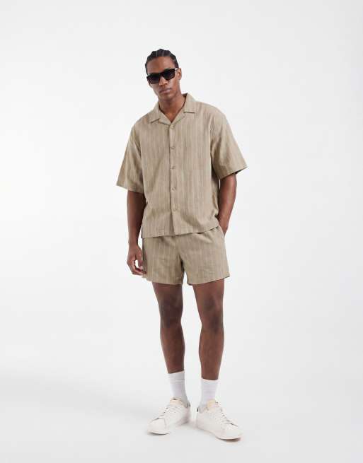ASOS DESIGN - Pantaloncini corti effetto lino kaki a righe in coordinato