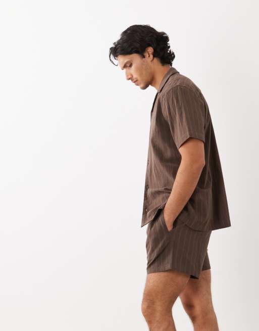 ASOS DESIGN - Pantaloncini corti effetto lino marroni a righe in coordinato, 3 di 5