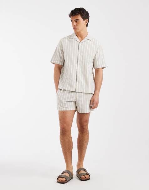 ASOS DESIGN - Pantaloncini corti effetto lino verdi a righe in coordinato - view 1