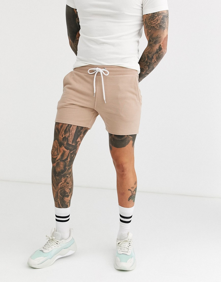ASOS DESIGN - Pantaloncini corti skinny in jersey beige con coulisse a contrasto