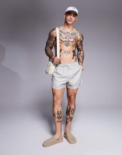 ASOS DESIGN - Pantaloncini da bagno blu a quadri lunghezza media - view 1