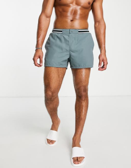 ASOS DESIGN - Pantaloncini da bagno blu taglio corto con design elegante e coste a contrasto, 2 di 4