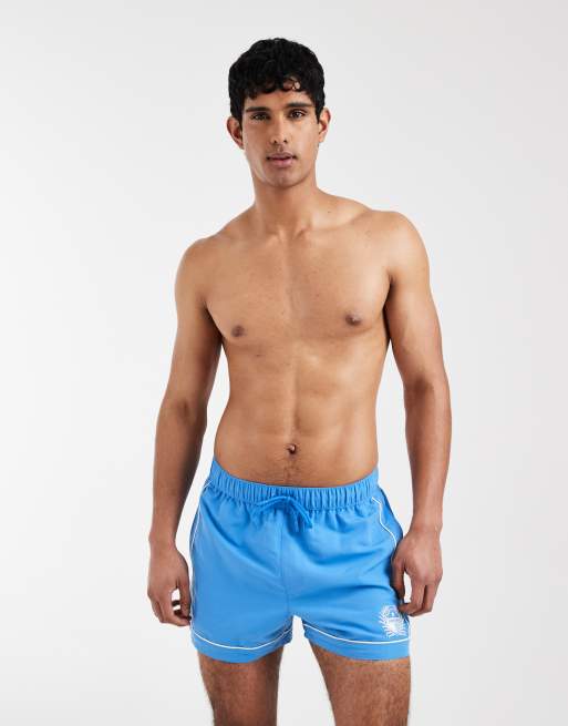 ASOS DESIGN - Pantaloncini da bagno blu taglio corto con ricamo