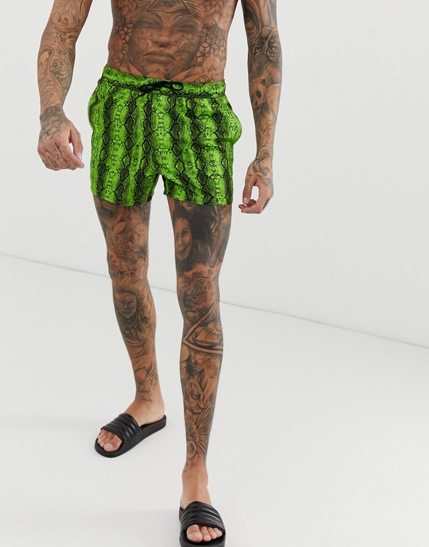 ASOS DESIGN - Pantaloncini da bagno corti con stampa serpente verde fluo