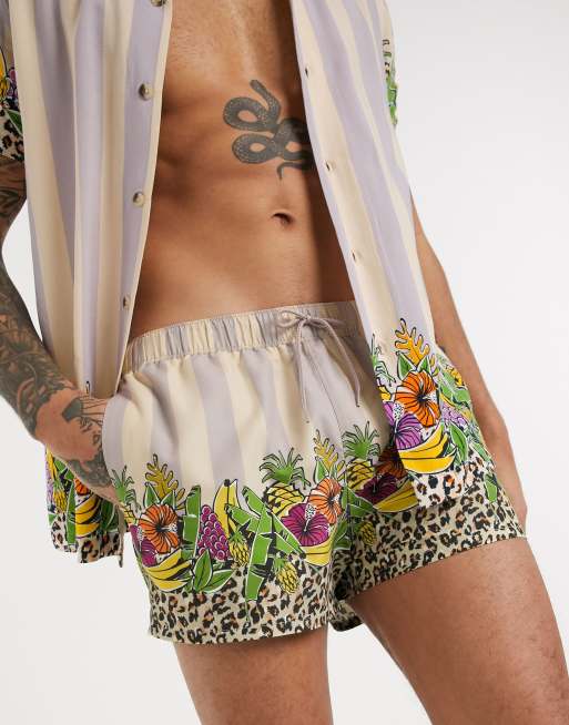ASOS DESIGN - Pantaloncini da bagno corti pastello a righe con frutti in coordinato, 1 di 4