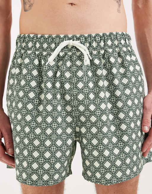 ASOS DESIGN - Pantaloncini da bagno corti verdi con stampa geometrica, 4 di 5