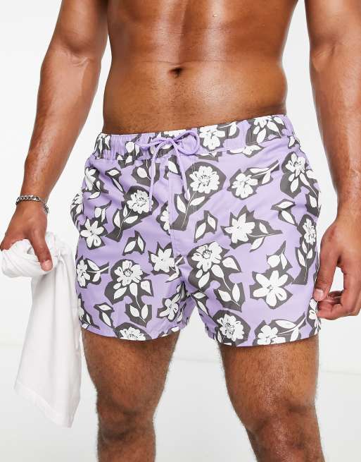ASOS DESIGN - Pantaloncini da bagno corti viola con stampa a fiori