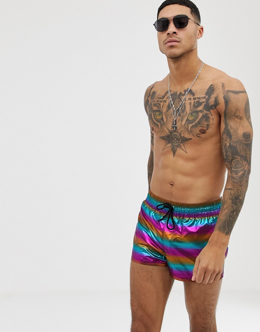 ASOS DESIGN - Pantaloncini da bagno cortissimi con stampa arcobaleno metallizzata-Multicolore
