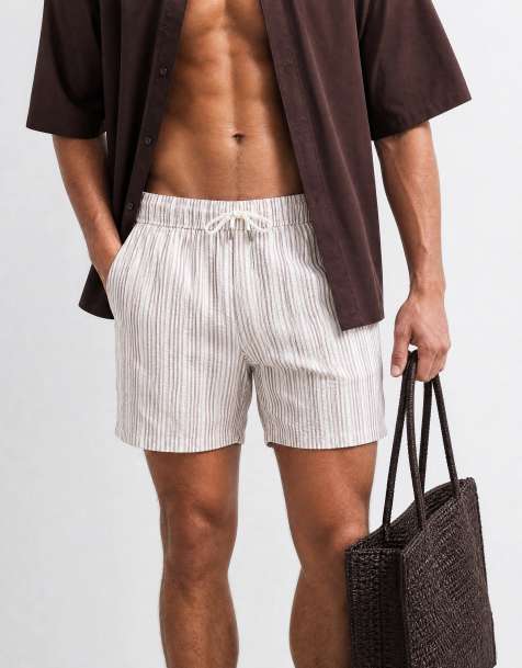 ASOS DESIGN - Pantaloncini da bagno in seersucker taglio corto beige a righe - view 1