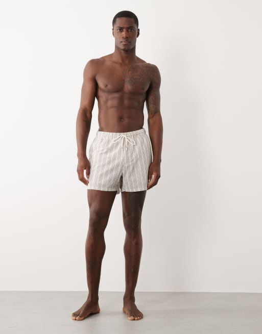 ASOS DESIGN - Pantaloncini da bagno in seersucker taglio corto beige a righe, 2 di 5