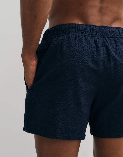 ASOS DESIGN - Pantaloncini da bagno in seersucker taglio corto blu navy, 3 di 5