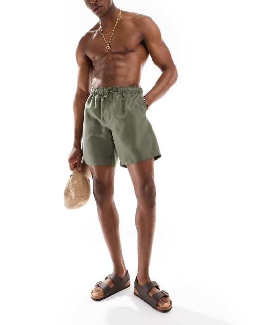 ASOS DESIGN - Pantaloncini da bagno lunghezza media, colore kaki