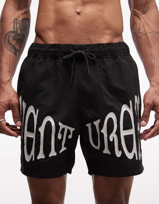 ASOS DESIGN - Pantaloncini da bagno lunghezza media neri con stampa, 5 di 5