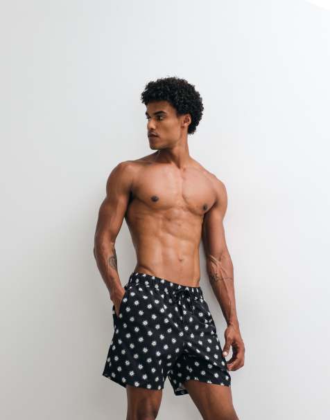 ASOS DESIGN - Pantaloncini da bagno neri con stampa lunghezza media - view 1