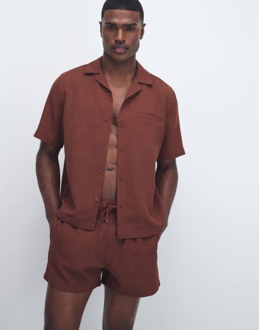ASOS DESIGN - Pantaloncini da bagno super corti marroni effetto lino in coordinato, 2 di 9