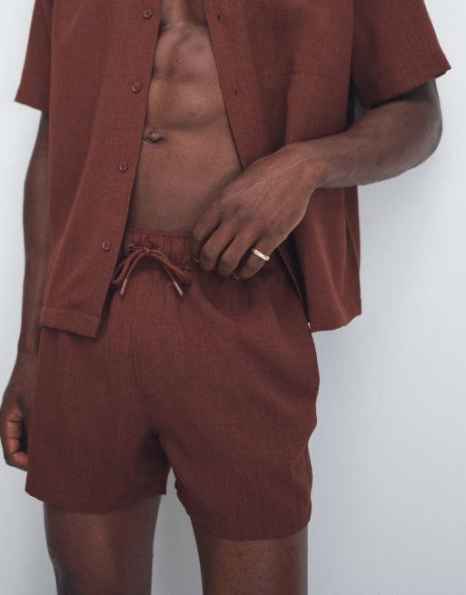 ASOS DESIGN - Pantaloncini da bagno super corti marroni effetto lino in coordinato, 3 di 9