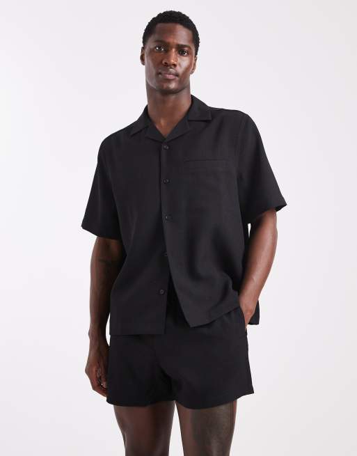 ASOS DESIGN - Pantaloncini da bagno super corti neri effetto lino in coordinato