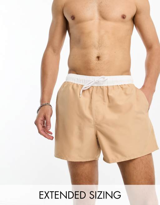 ASOS DESIGN - Pantaloncini da bagno taglio corto beige con fascia in vita a contrasto