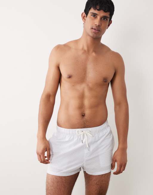 ASOS DESIGN - Pantaloncini da bagno taglio corto blu a righe in seersucker