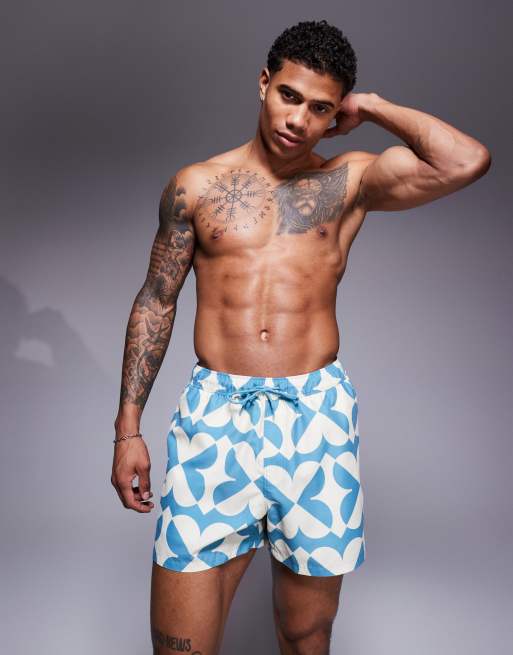 ASOS DESIGN - Pantaloncini da bagno taglio corto blu con stampa geometrica