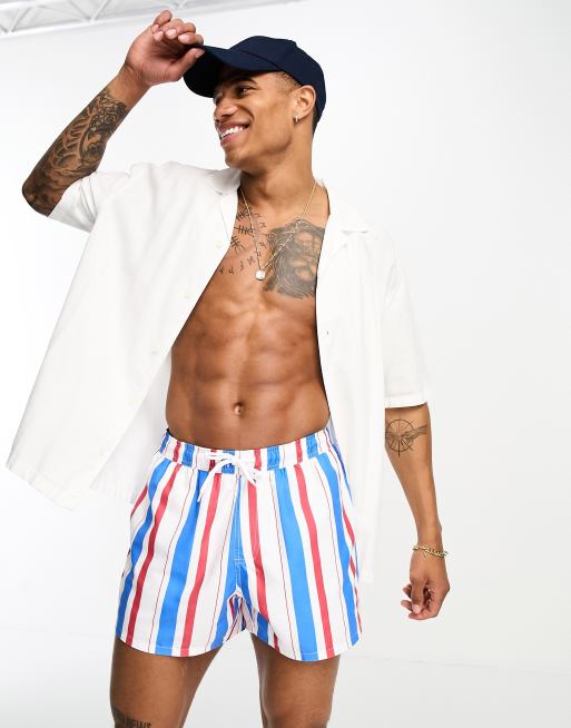 ASOS DESIGN - Pantaloncini da bagno taglio corto blu e rossi a righe 