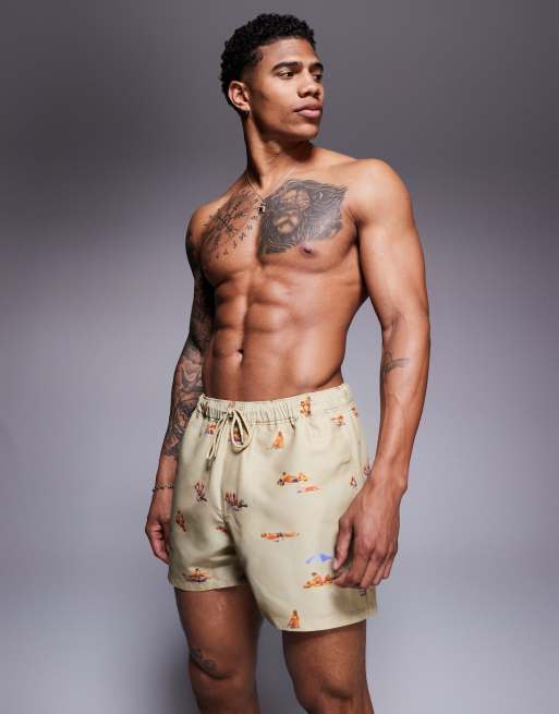 ASOS DESIGN - Pantaloncini da bagno taglio corto color pietra con stampa a tema spiaggia