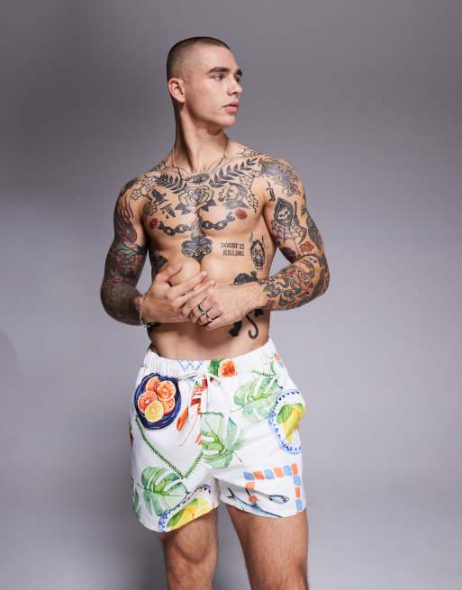 ASOS DESIGN - Pantaloncini da bagno taglio corto con stampa stile acquerelli