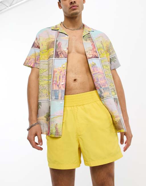 ASOS DESIGN - Pantaloncini da bagno taglio corto gialli con fascia in vita spessa