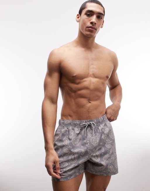 ASOS DESIGN - Pantaloncini da bagno taglio corto grigi con stampa cachemire