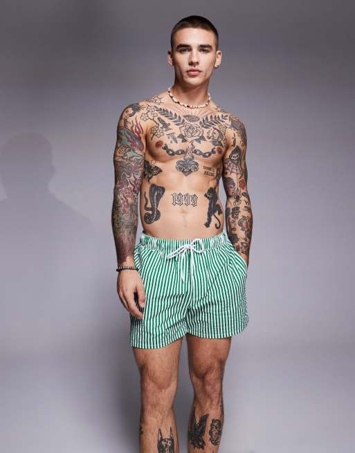 ASOS DESIGN - Pantaloncini da bagno taglio corto in seersucker verdi a righe