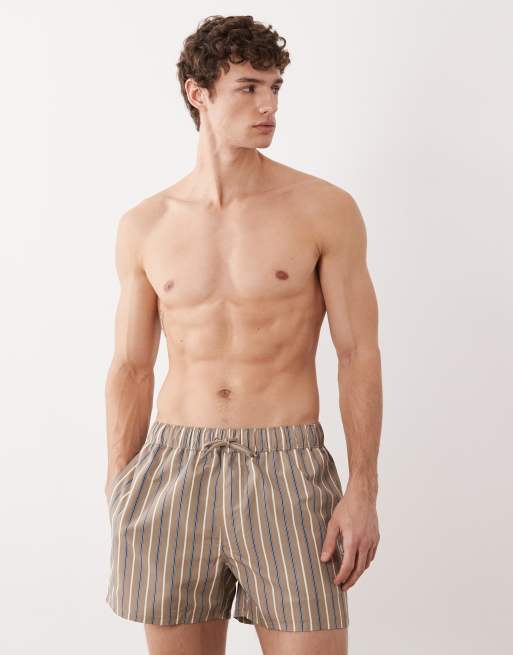 ASOS DESIGN - Pantaloncini da bagno taglio corto marrone a righe con ricamo