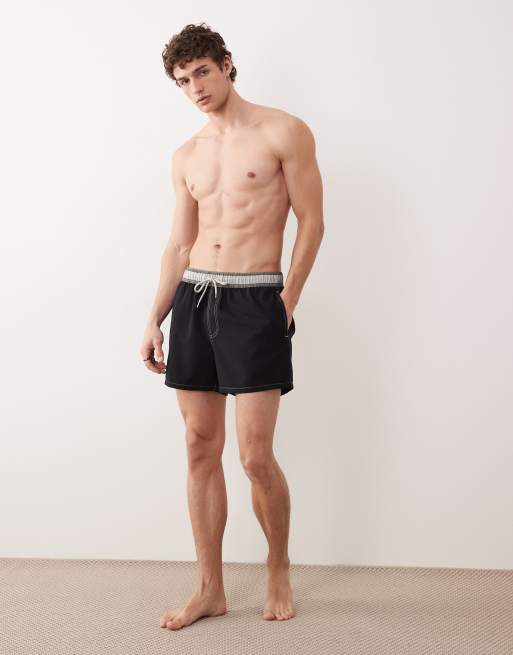 ASOS DESIGN - Pantaloncini da bagno taglio corto neri con fascia in vita a righe
