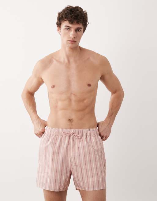ASOS DESIGN - Pantaloncini da bagno taglio corto rosa a righe con ricamo