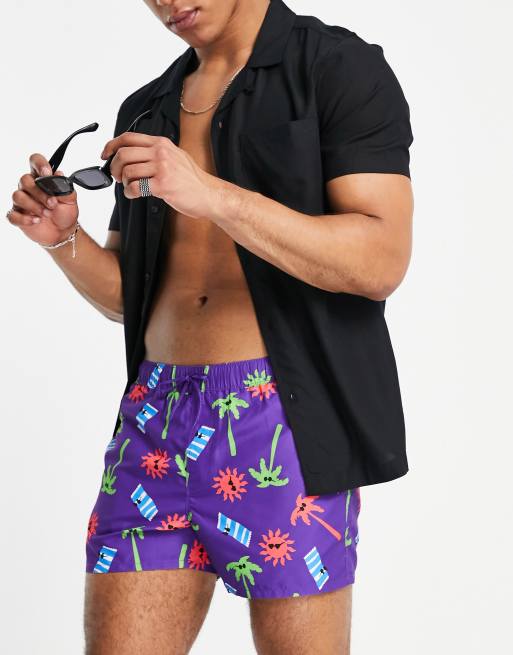 ASOS DESIGN - Pantaloncini da bagno taglio corto viola con stampa a tema spiaggia