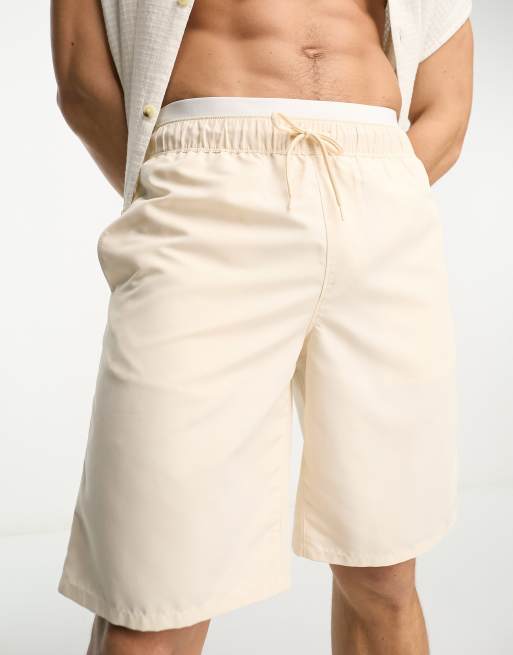 ASOS DESIGN - Pantaloncini da bagno taglio lungo beige con doppia fascia in vita