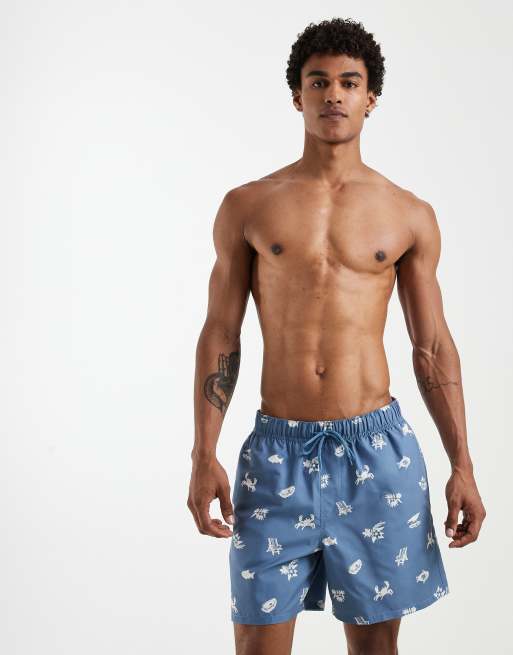 ASOS DESIGN - Pantaloncini da bagno taglio medio blu con stampa vacanziera