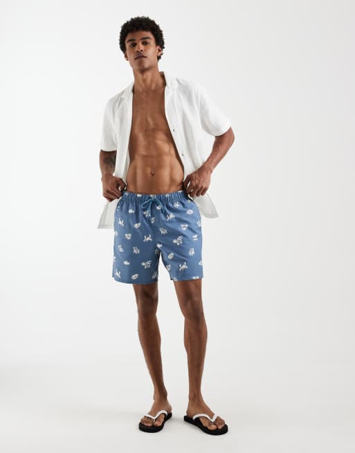 ASOS DESIGN - Pantaloncini da bagno taglio medio blu con stampa vacanziera, 2 di 5