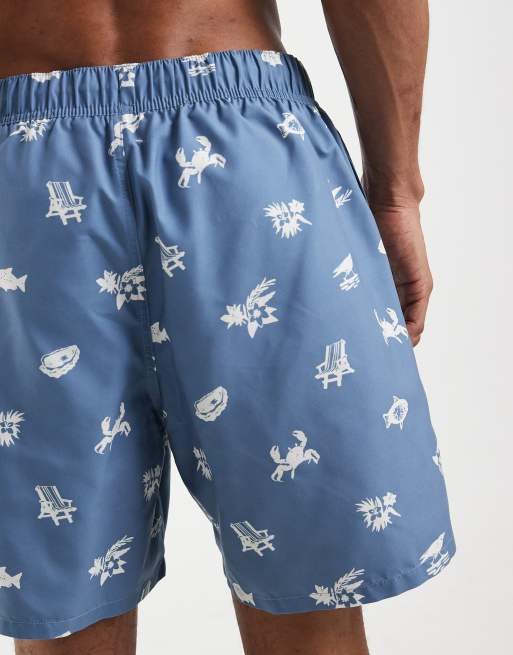 ASOS DESIGN - Pantaloncini da bagno taglio medio blu con stampa vacanziera, 3 di 5
