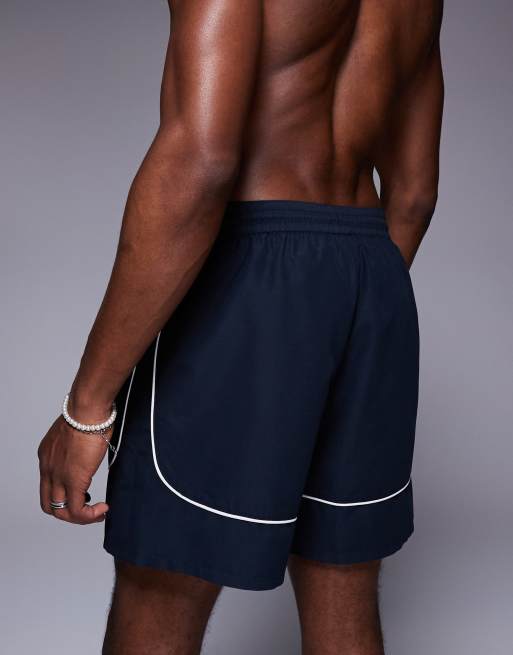 ASOS DESIGN - Pantaloncini da bagno taglio medio blu navy con profili bianchi a contrasto, 4 di 4