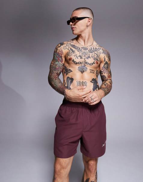 ASOS DESIGN - Pantaloncini da bagno taglio medio bordeaux con ricamo - view 1
