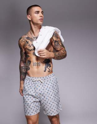 ASOS DESIGN - Pantaloncini da bagno taglio medio con stampa geometrica blu - view 1