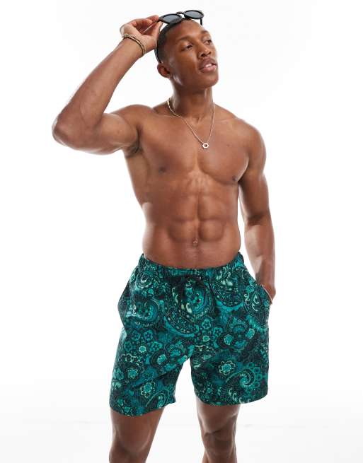 ASOS DESIGN - Pantaloncini da bagno taglio medio verde-azzurro con stampa