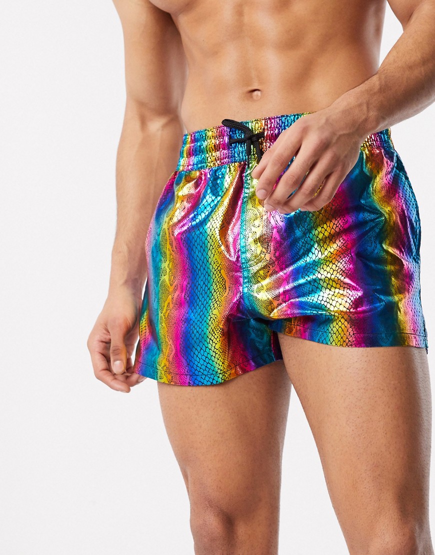 ASOS DESIGN - Pantaloncini da bagno ultra corti con stampa pitonata arcobaleno metallizzata-Multicolore