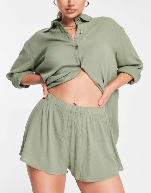 ASOS DESIGN - Pantaloncini da mare in tessuto stropicciato kaki in coordinato