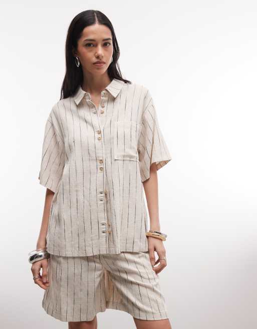 ASOS DESIGN - Pantaloncini dad comodi neutri a righe in misto lino, 2 di 5