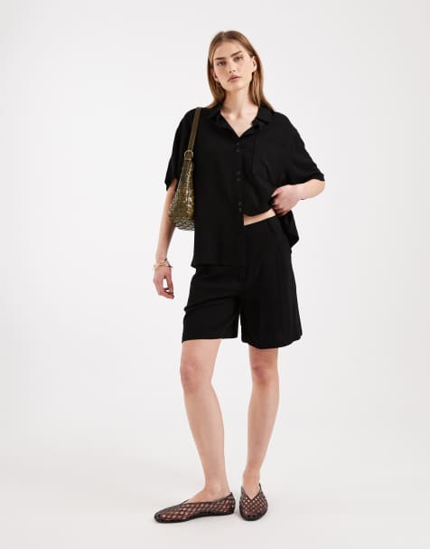 ASOS DESIGN - Pantaloncini dad fit comodi neri in misto lino - view 1