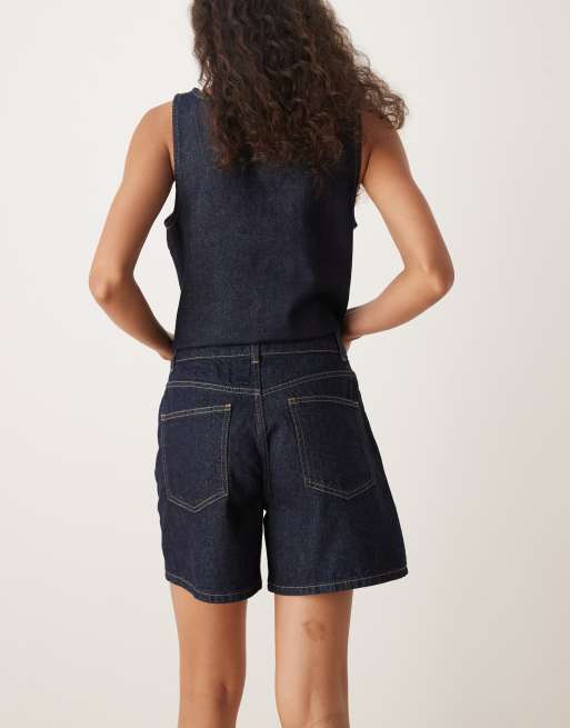 ASOS DESIGN - Pantaloncini dad fit lavaggio indaco con fiorellini ricamati in coordinato, 5 di 5