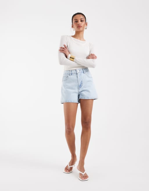 ASOS DESIGN - Pantaloncini di jeans a vita alta lavaggio blu chiaro, 3 di 5